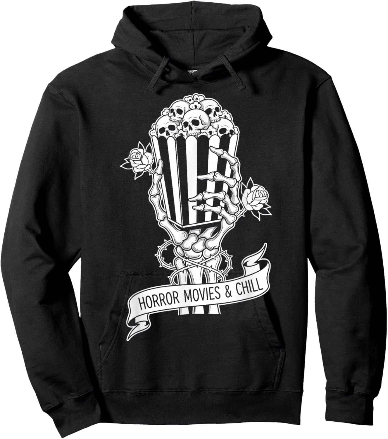 Horror Movies & Chill Skeleton Popcorn Funny Halloween Hoodie - Hoodie | Black