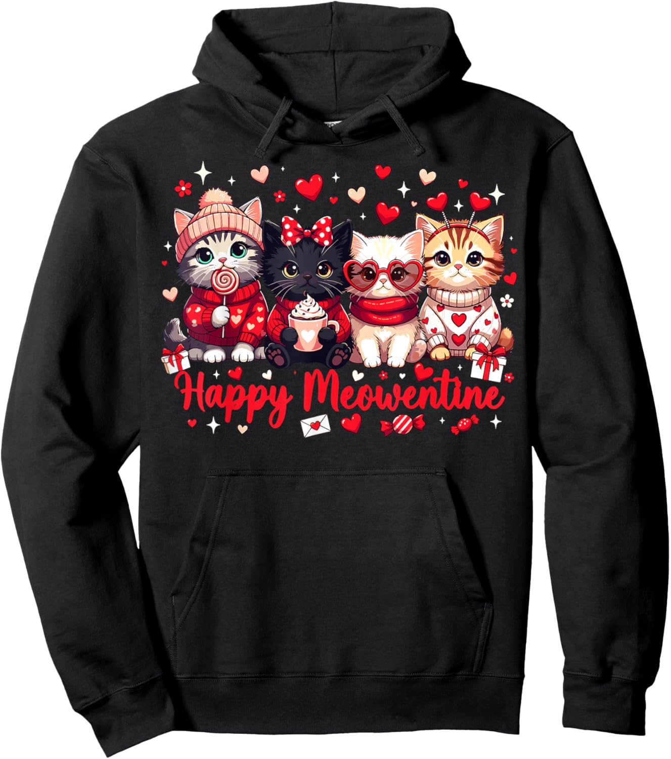 Happy Meowentine Cute Cat Lover Valentine Heart Hoodie - Hoodie | Black