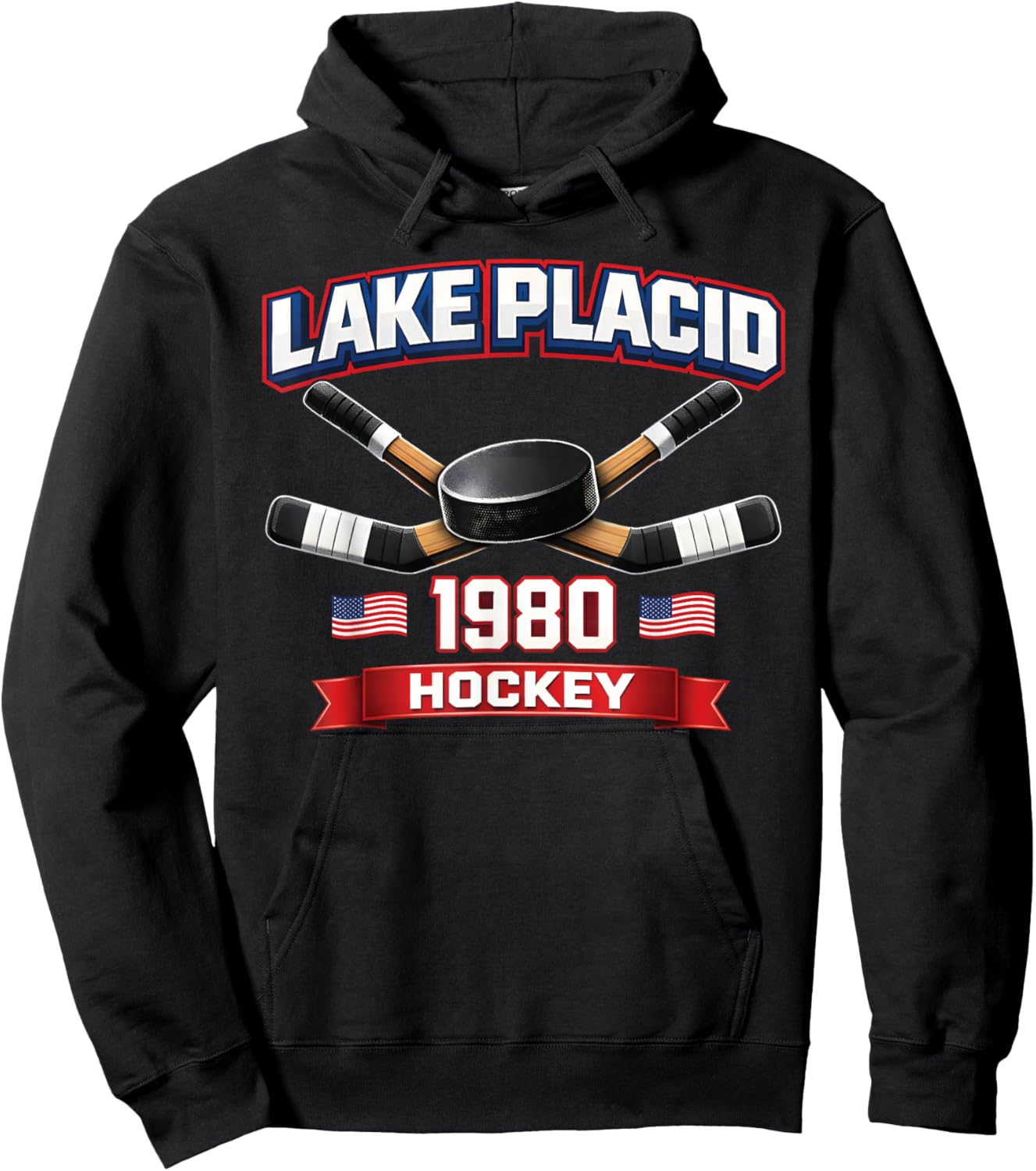 Lake Placid 1980 Hockey Vintage USA Puck New York Essex Goal Hoodie - Hoodie | Black