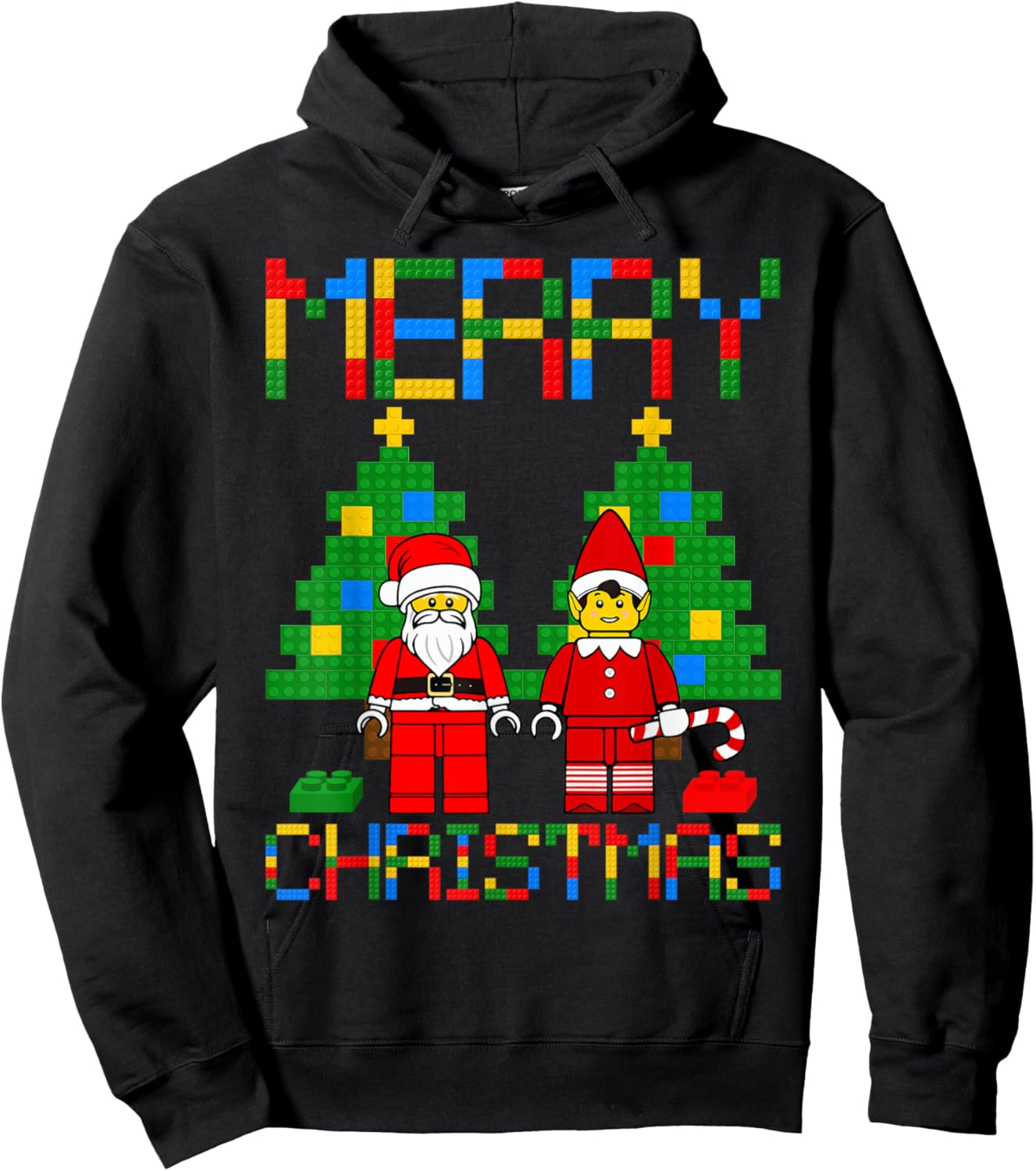 Merry Christmas Blocks Building Christmas Tree & Santa Kids Hoodie - Hoodie | Black