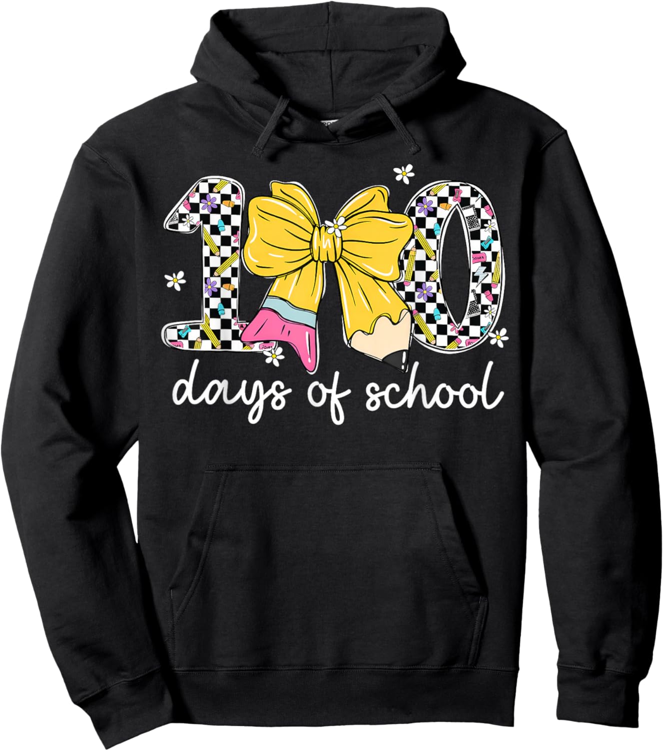 Floral Checkered 100 Days of School Pencil Bow Women Girl Hoodie - Hoodie | Black