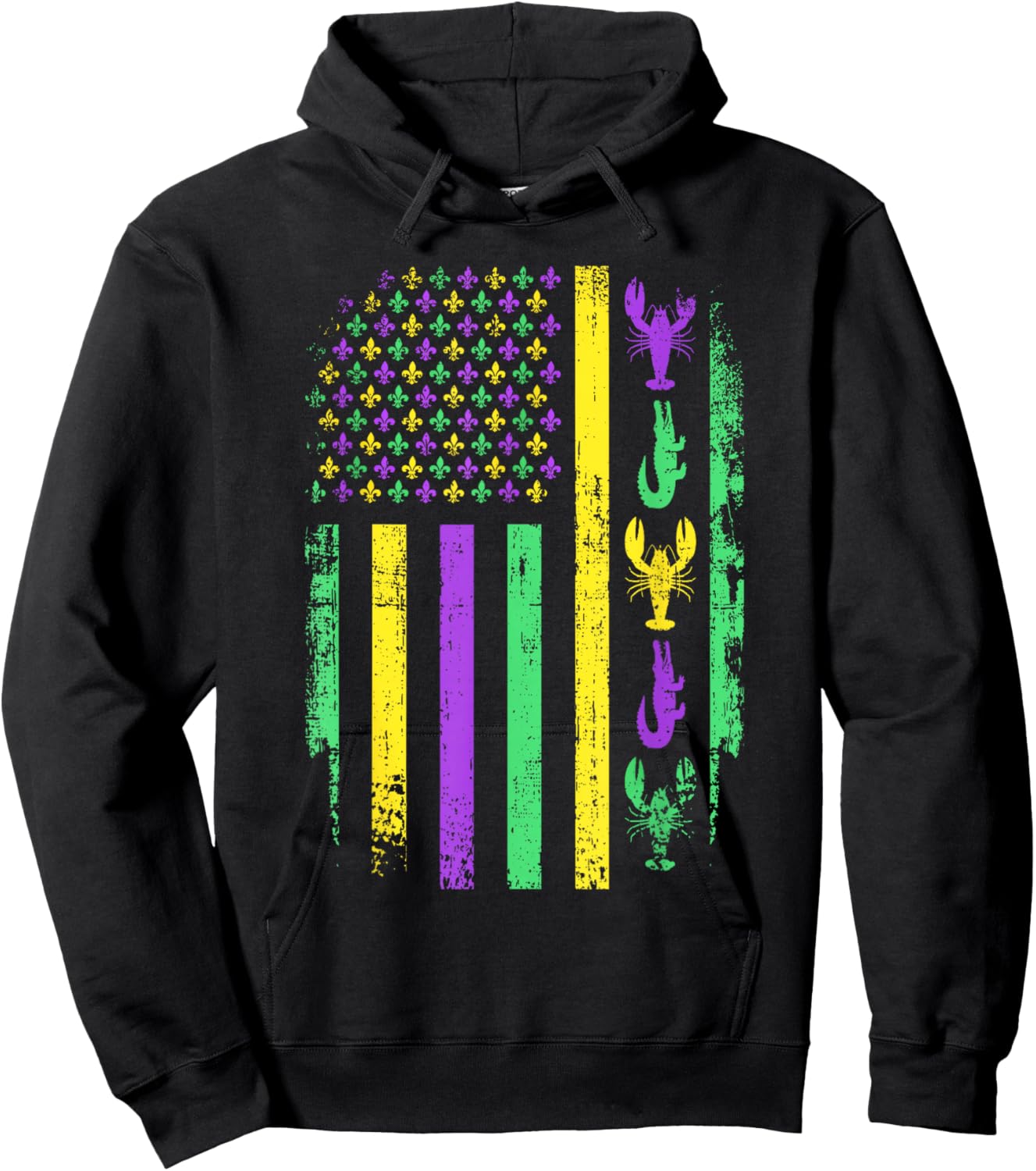 Carnival Mardi Gras American Flag Crawfish Alligator Parade Hoodie - Hoodie | Black