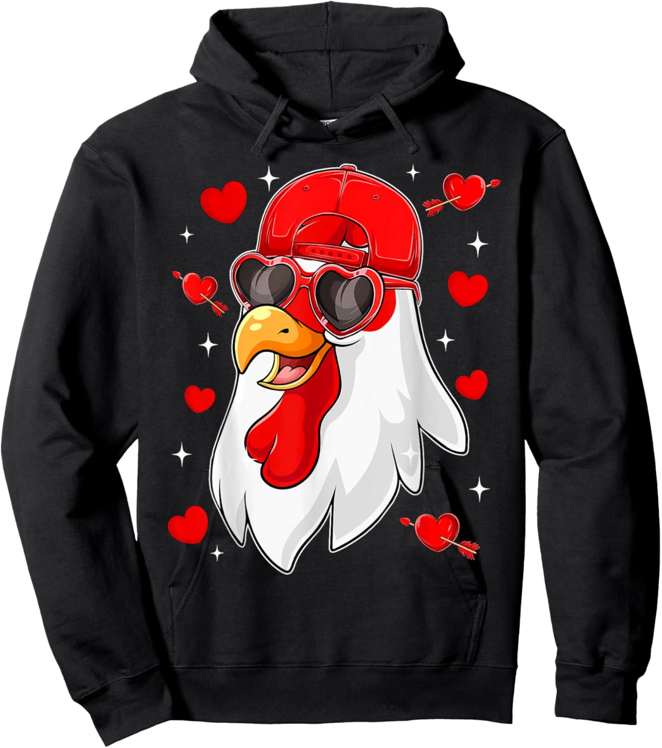 Funny Chicken with Hearts Happy Valentines Boys Men Hoodie - Hoodie | Black