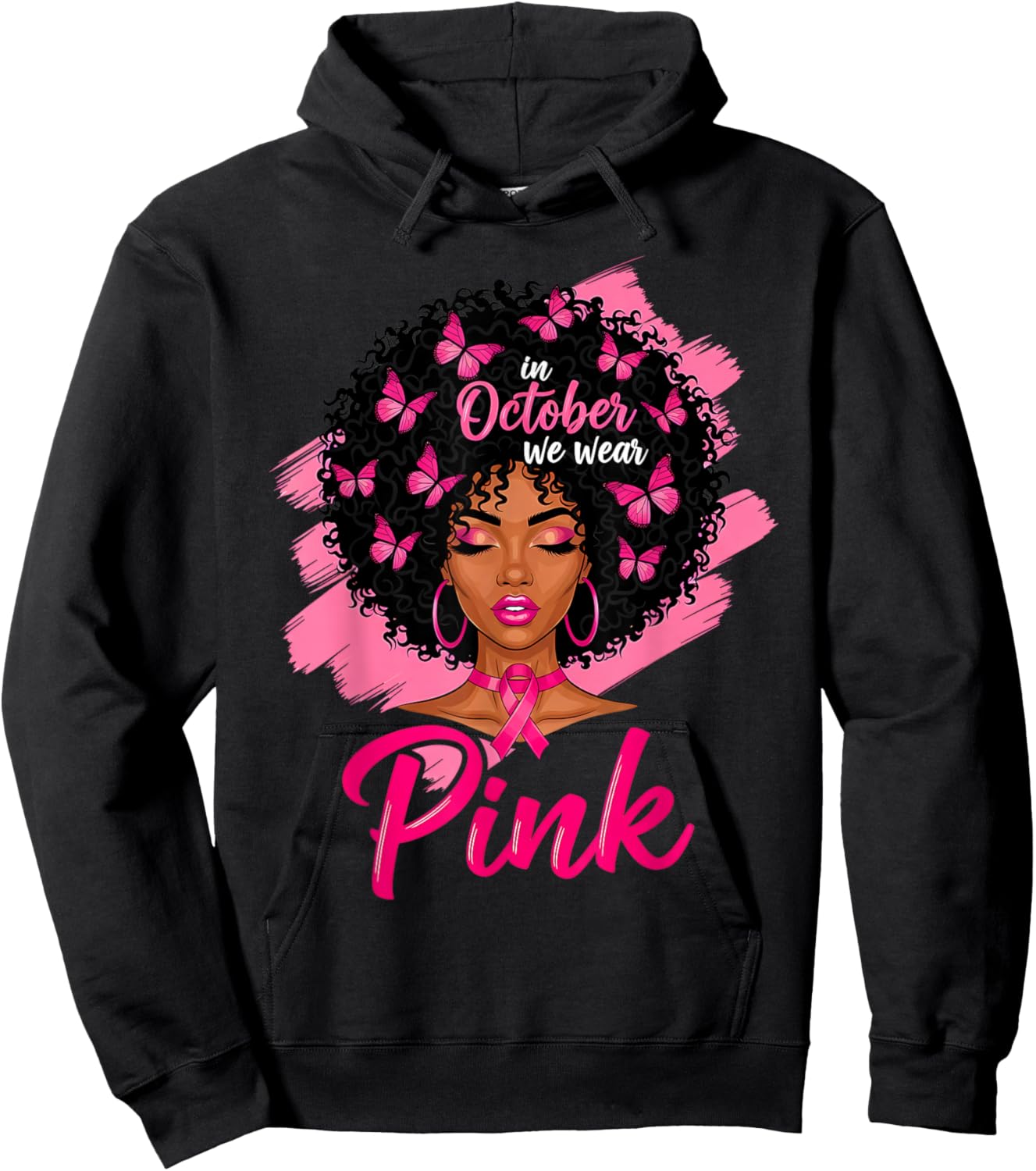 in October We Wear Pink Black Women Breast Cancer Awareness Hoodie - Hoodie | Black