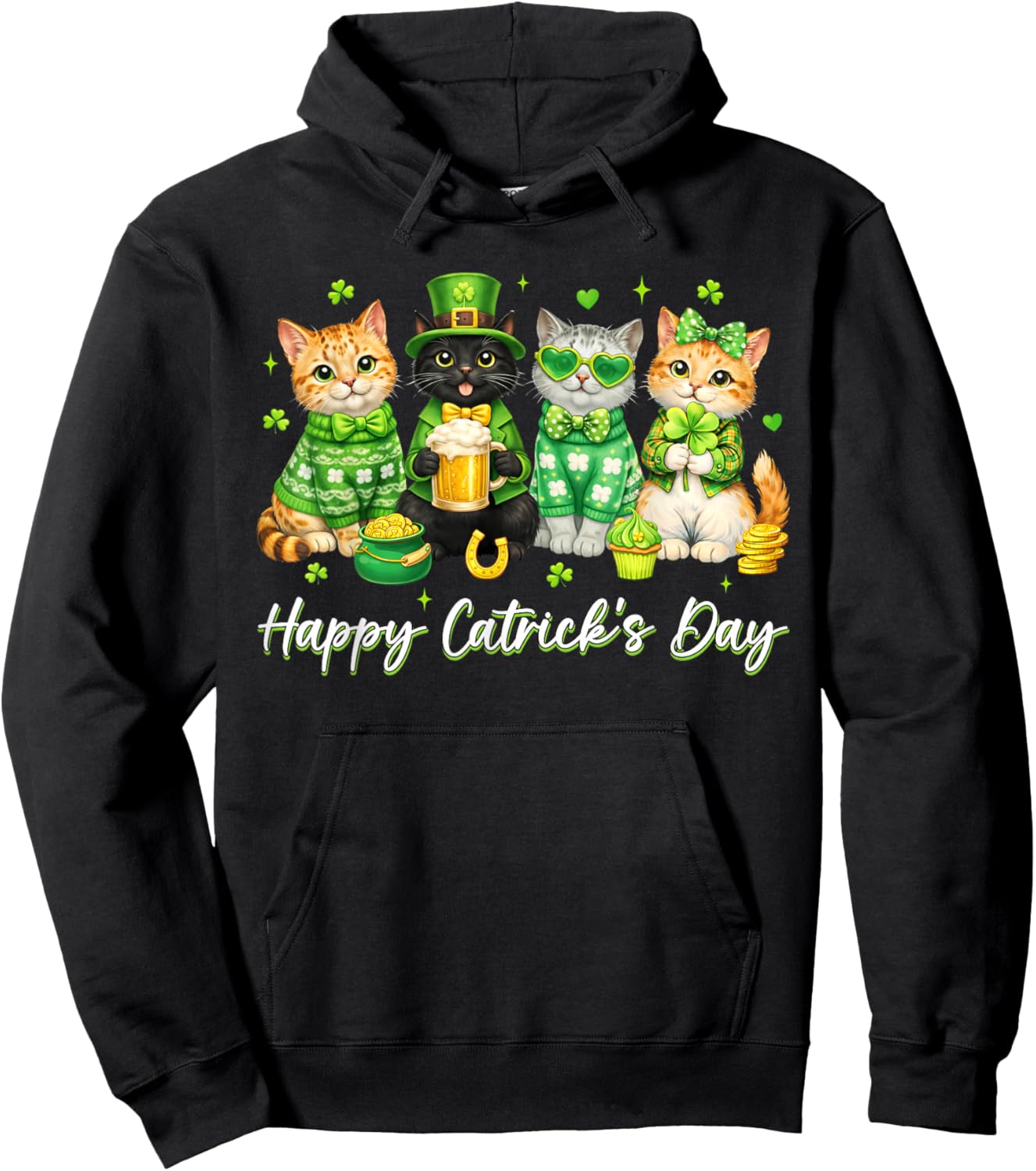St Patricks Day Funny Catricks Day for Cat Lover Women Girls Hoodie - Hoodie | Black