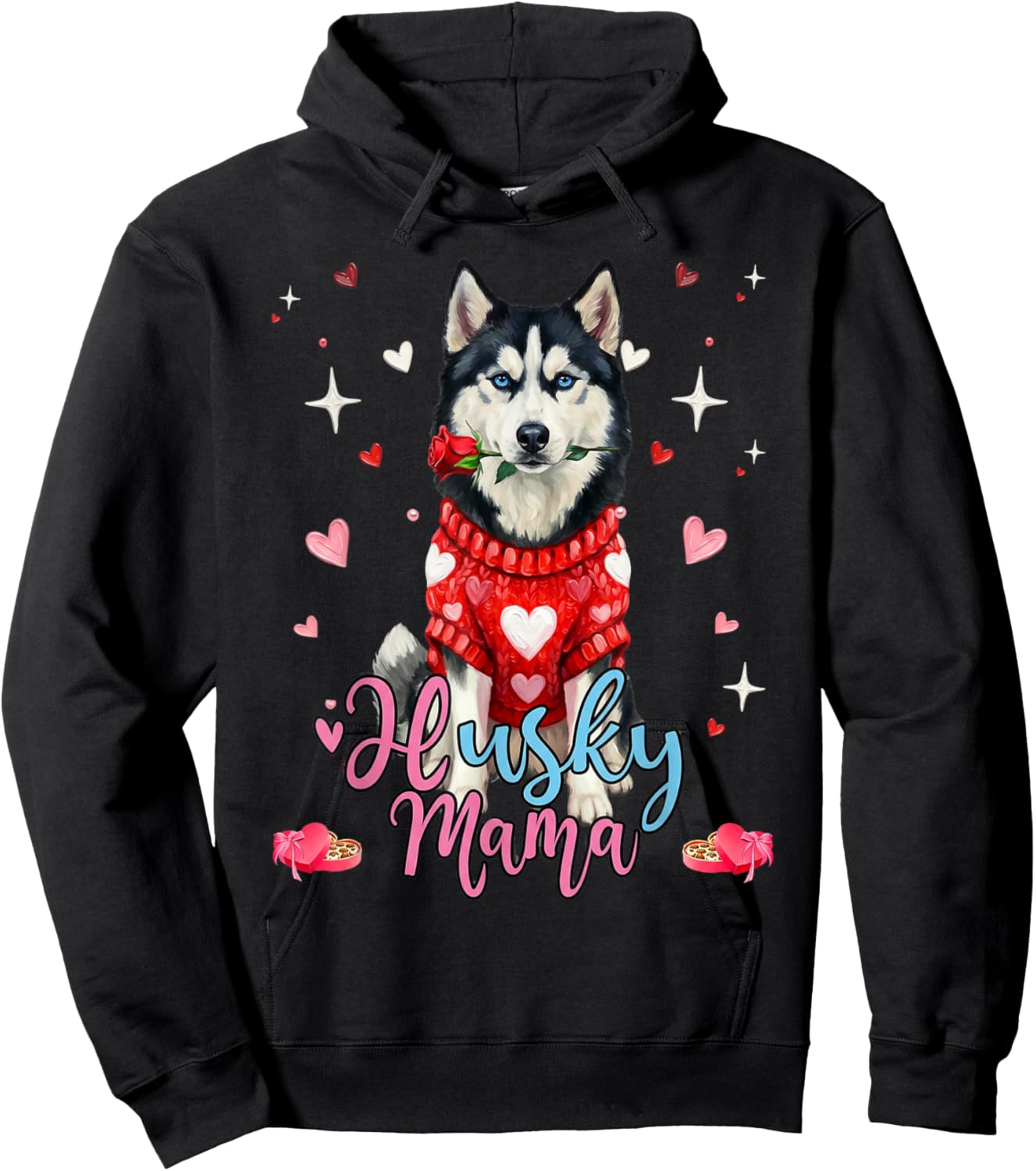 Cute Siberian Husky Mama Valentine Rose Dog Lover Hoodie - Hoodie | Black