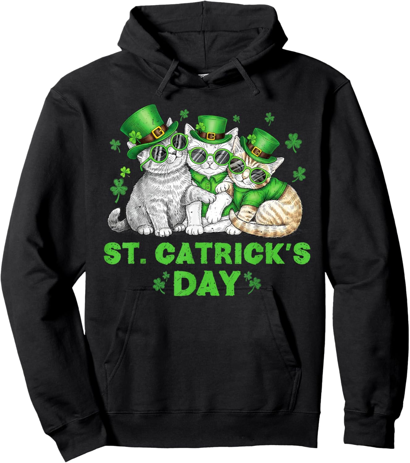 St Catricks Day Funny Cats Irish Party Men Girls Hoodie - Hoodie | Black