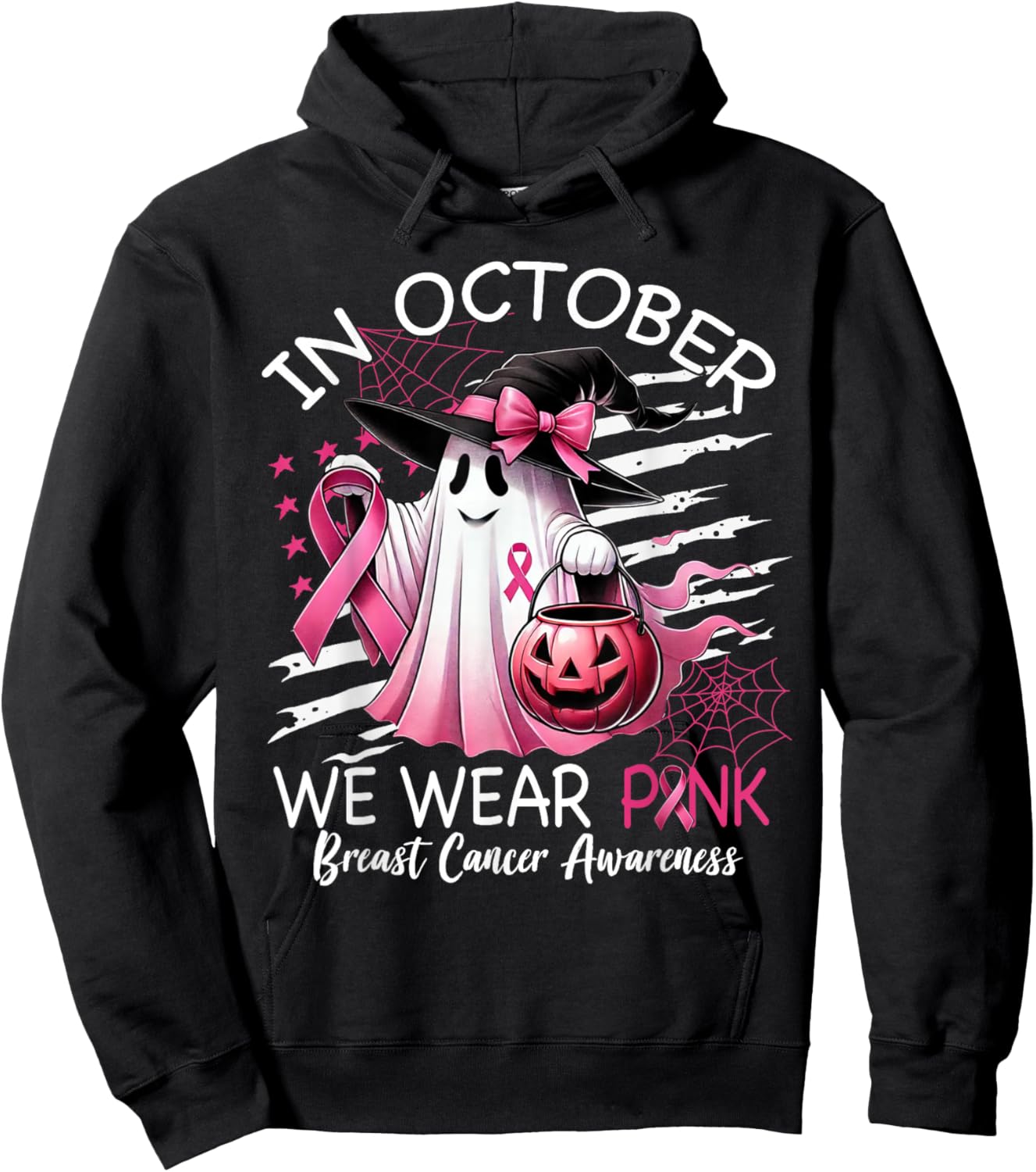in October We Wear Pink Boo Ghost Breast Cancer Pink Ribbon Hoodie - Hoodie | Black