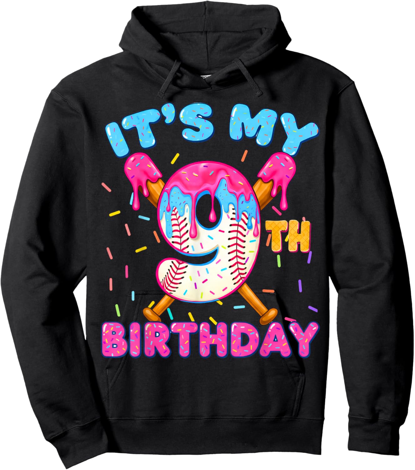 9th Birthday Baseball 9 Year Old Ice Cream Drip Boy Baseball Hoodie - Hoodie | Black