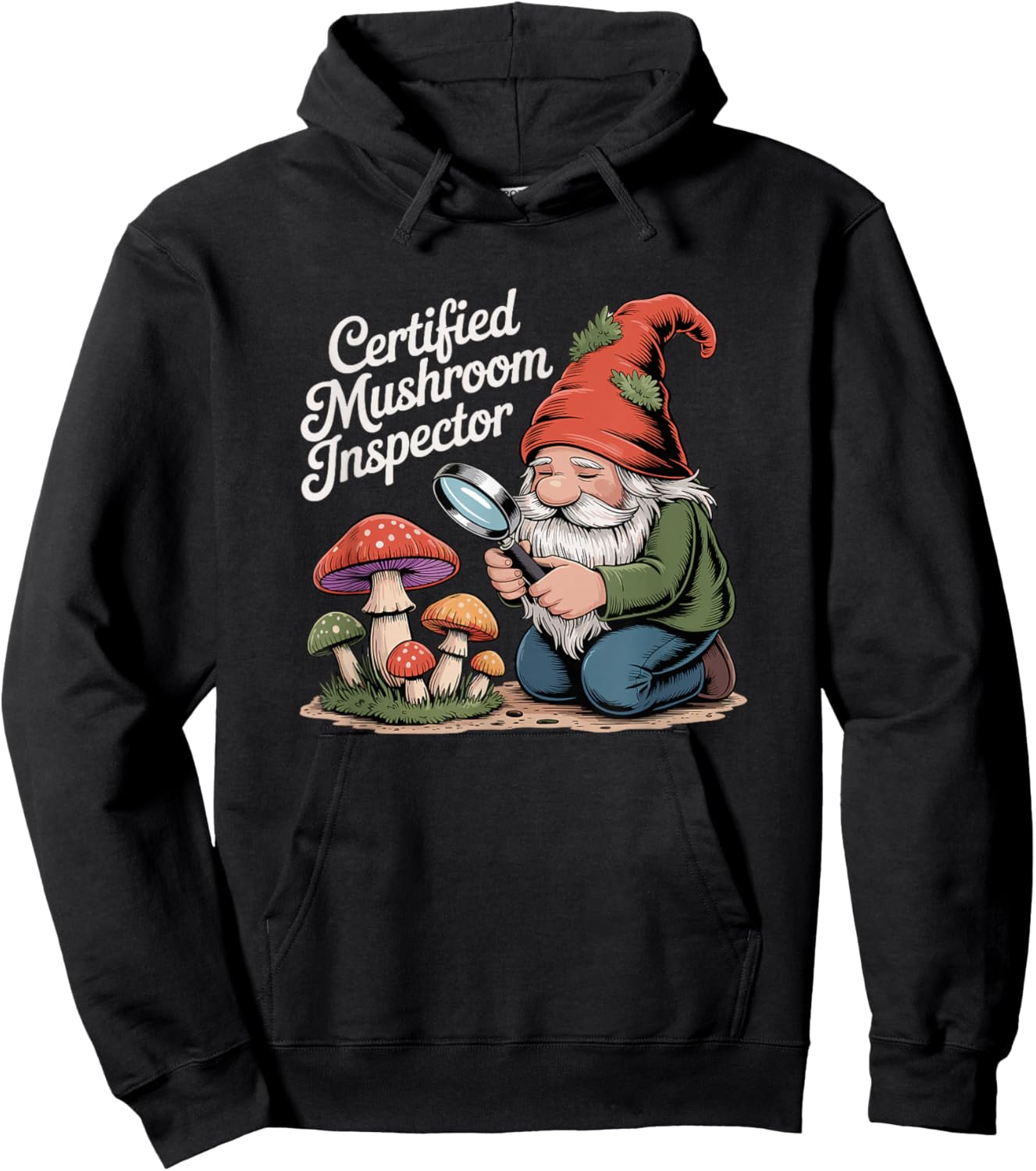 Certified Mushroom Inspector Funny Foraging Gnome Hoodie - Hoodie | Black