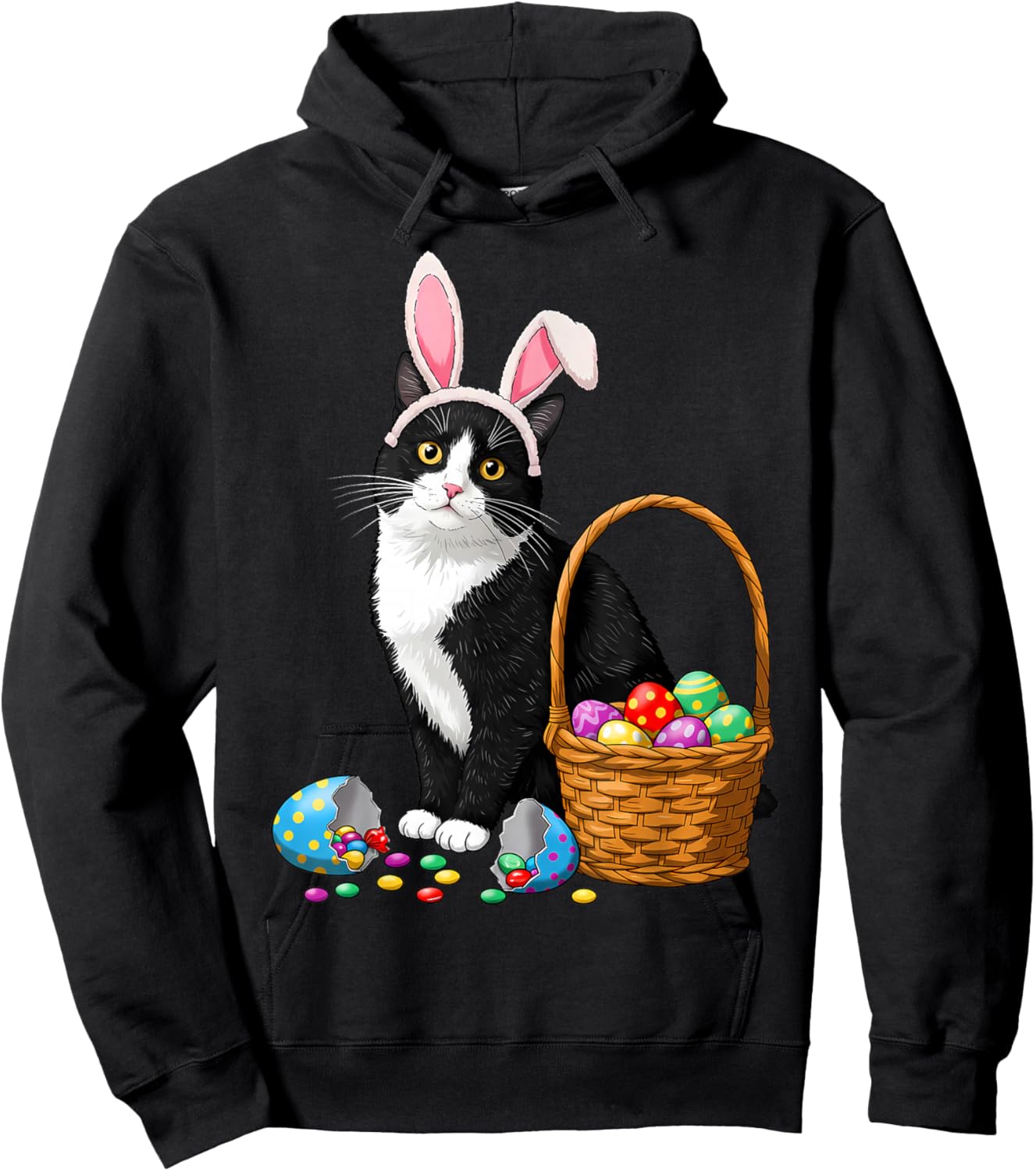 Easter Day Cat Bunny Ears Eggs Graphic Men Women Kids Funny Hoodie - Hoodie | Black