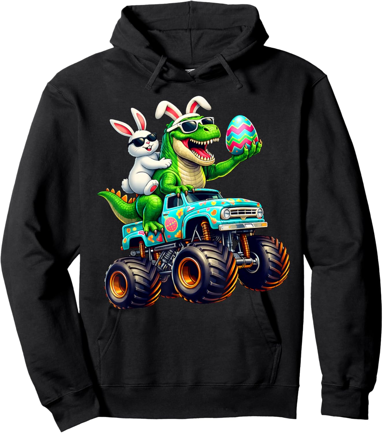 Happy Easter Bunny T Rex Monster Truck Dinosaur Boy Men Hoodie - Hoodie | Black