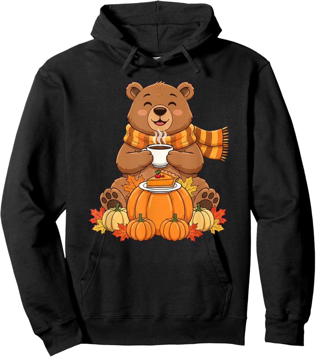 Funny Bear Coffee Autumn Thanksgiving Kids Hoodie - Hoodie | Black
