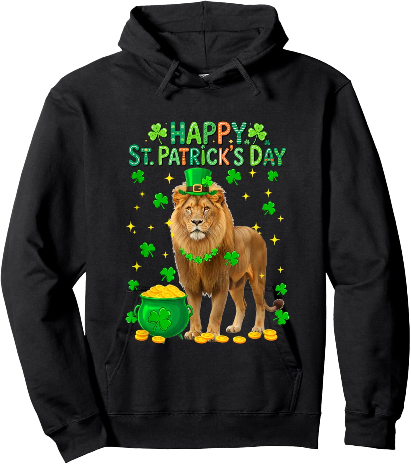 Happy St. Patrick's Day Lion Shamrocks Coins Lover Kids Hoodie - Hoodie | Black