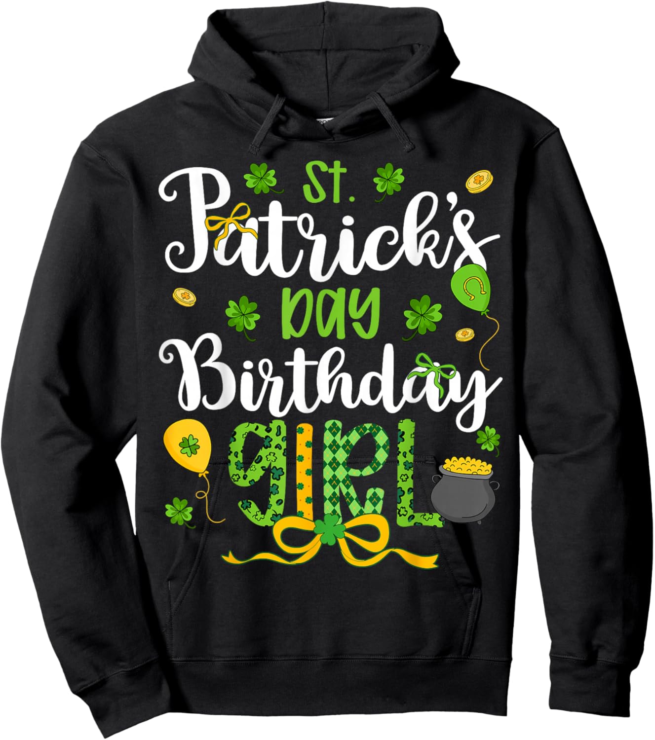 St Patricks Day Birthday Girl Coquette Bow Shamnrock Ballon Hoodie - Hoodie | Black
