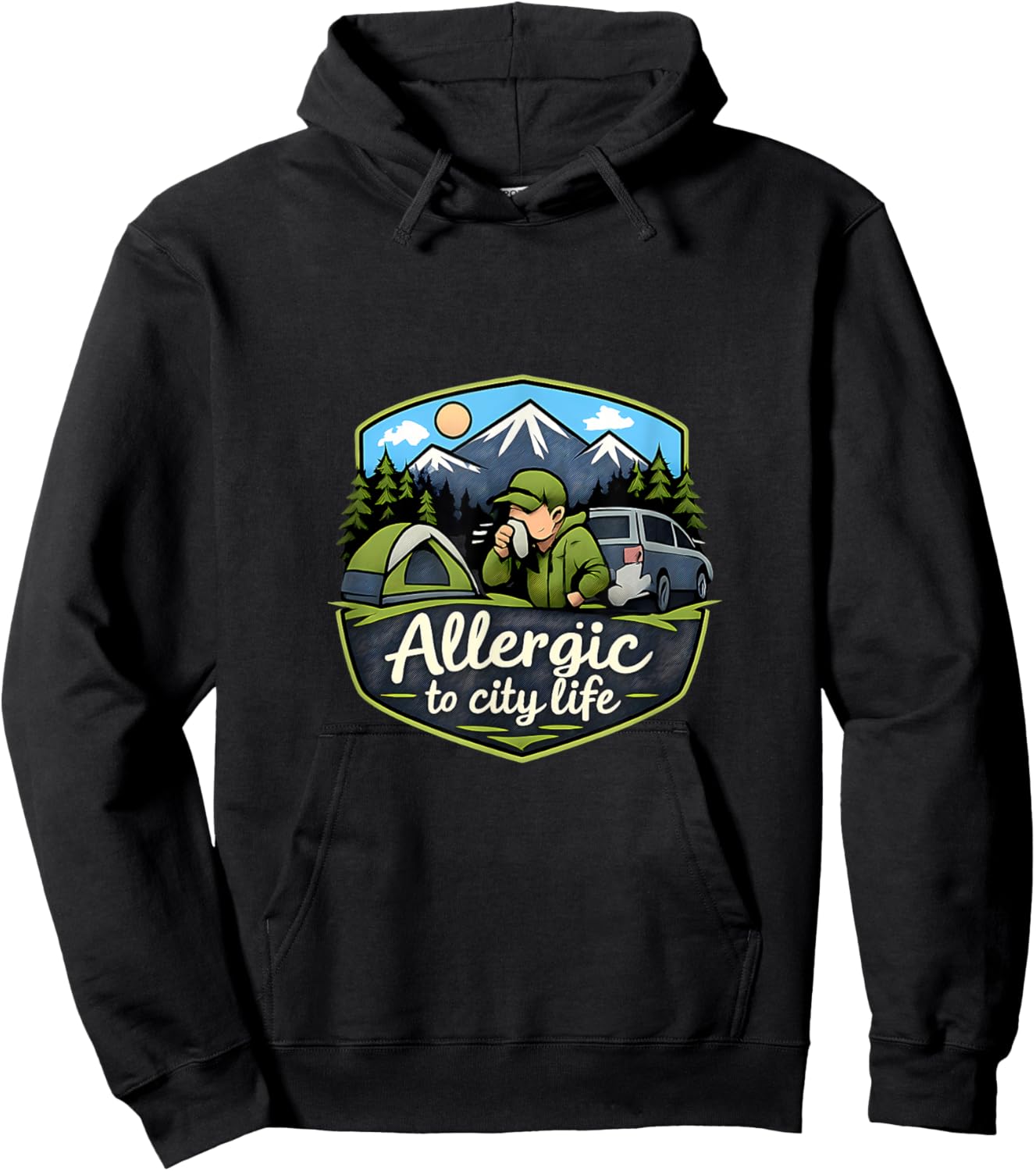 Allergic to City Life Camping Mountain Badge Hoodie - Hoodie | Black