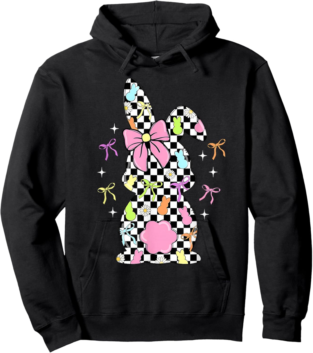 Funny Bunny Checkered Coquette Bow Rabbit Eggs Easter Retro Hoodie - Hoodie | Black