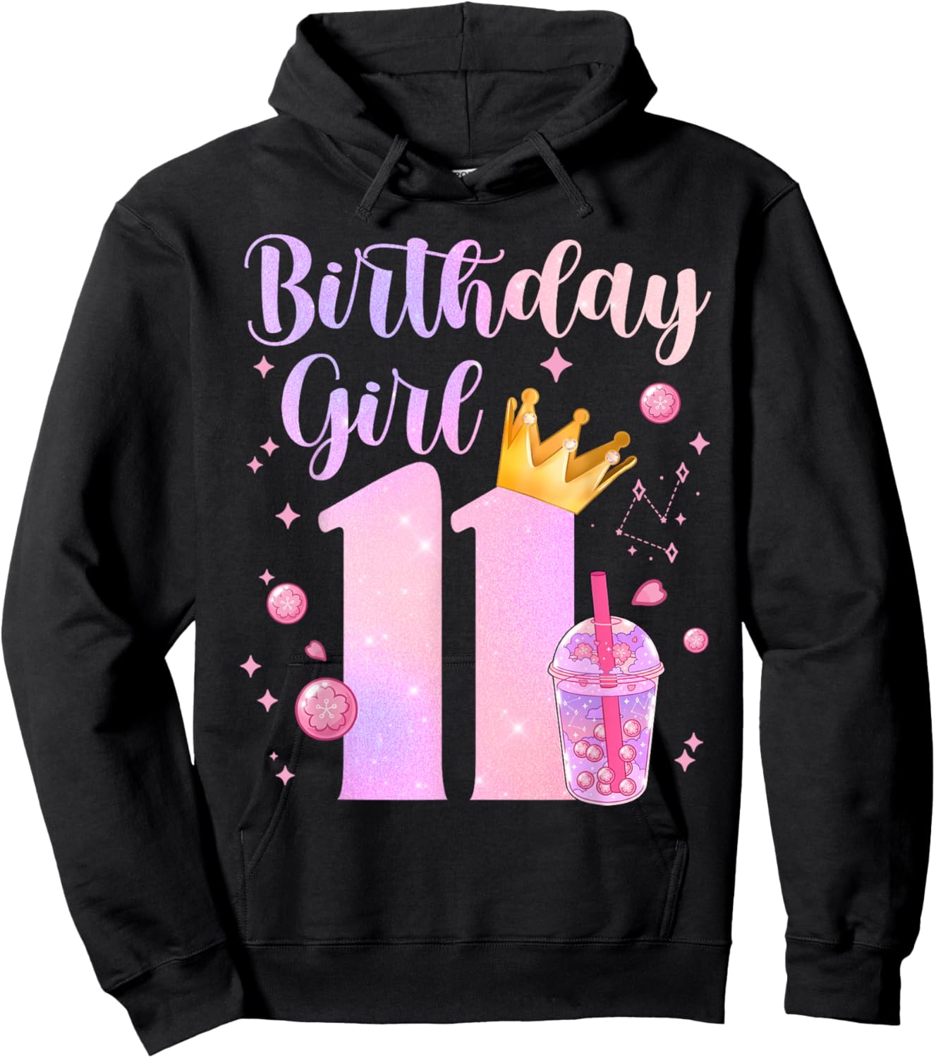 Birthday Girl 11 Yrs Old Boba Tea Theme Party 11th Bday Kids Hoodie - Hoodie | Black