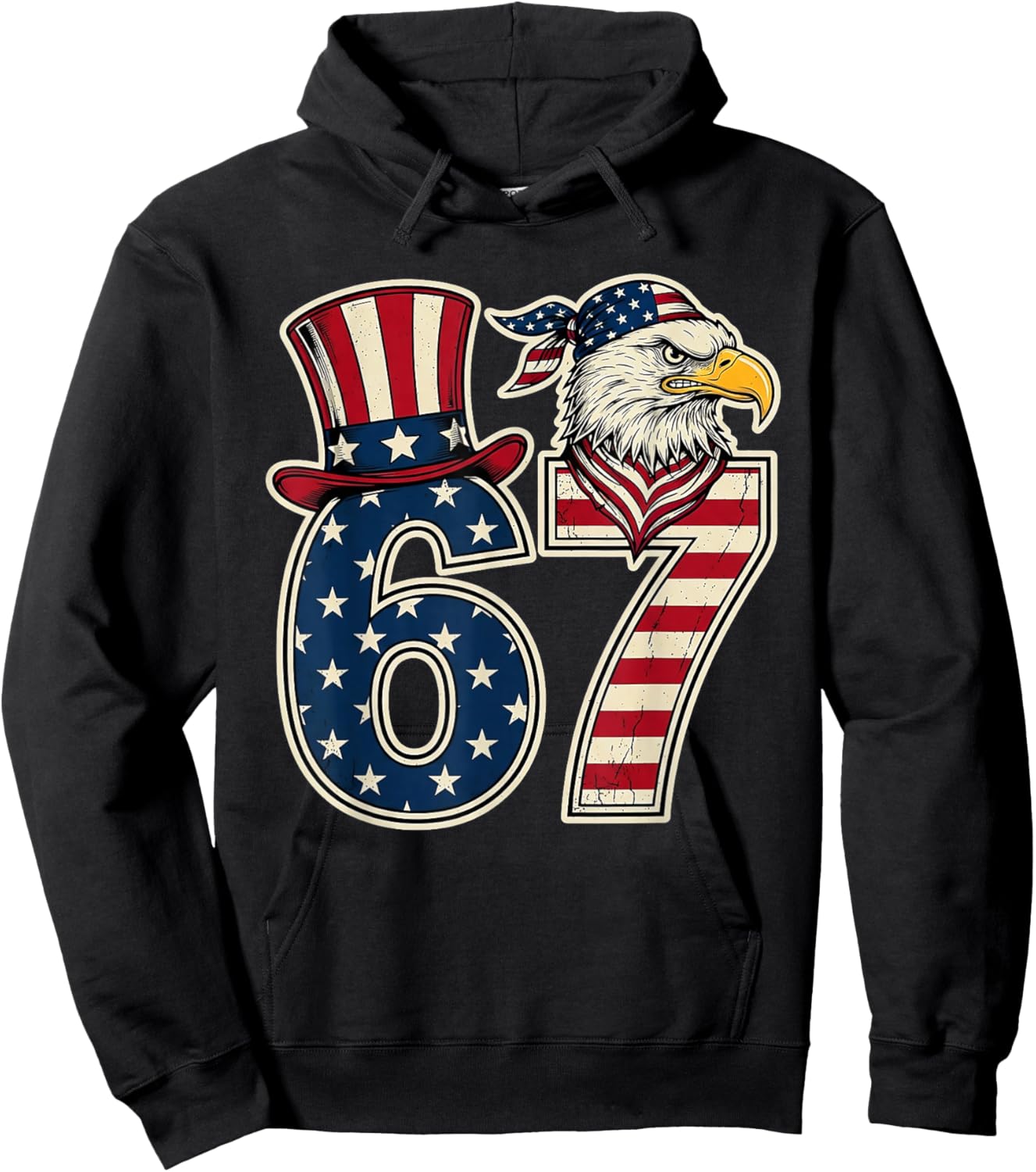 Funny 67 Six Seven Eagle 4th of July Meme USA Flag Vintage Hoodie - Hoodie | Black