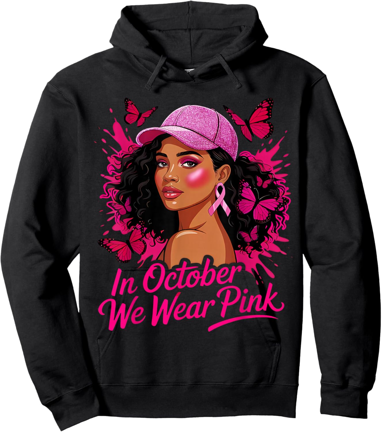 in October We Wear Pink Breast Cancer Awareness Afro Woman Hoodie - Hoodie | Black