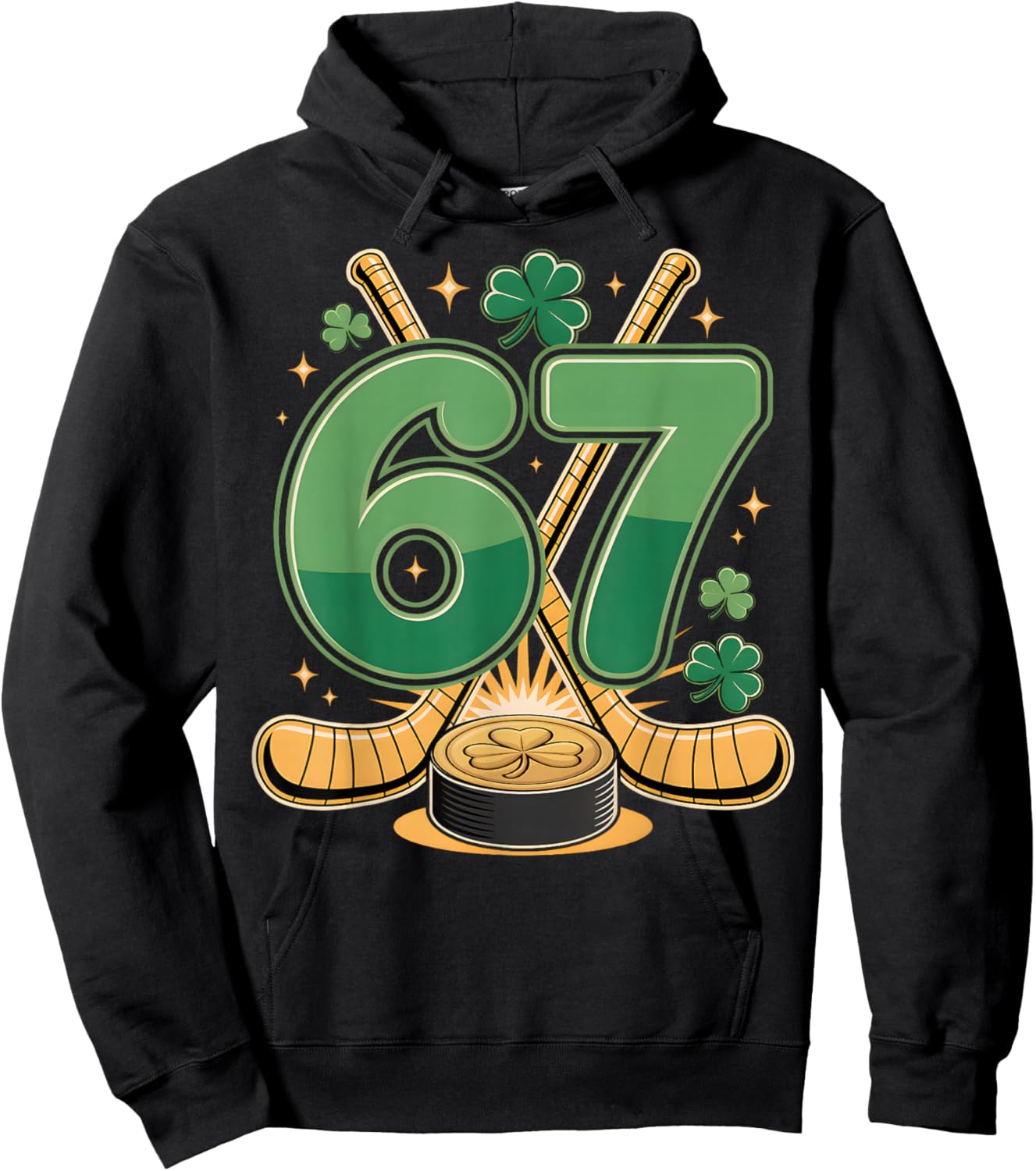 St Patricks Day Number 67 Hockey Lucky Shamrock Clover Hoodie - Hoodie | Black