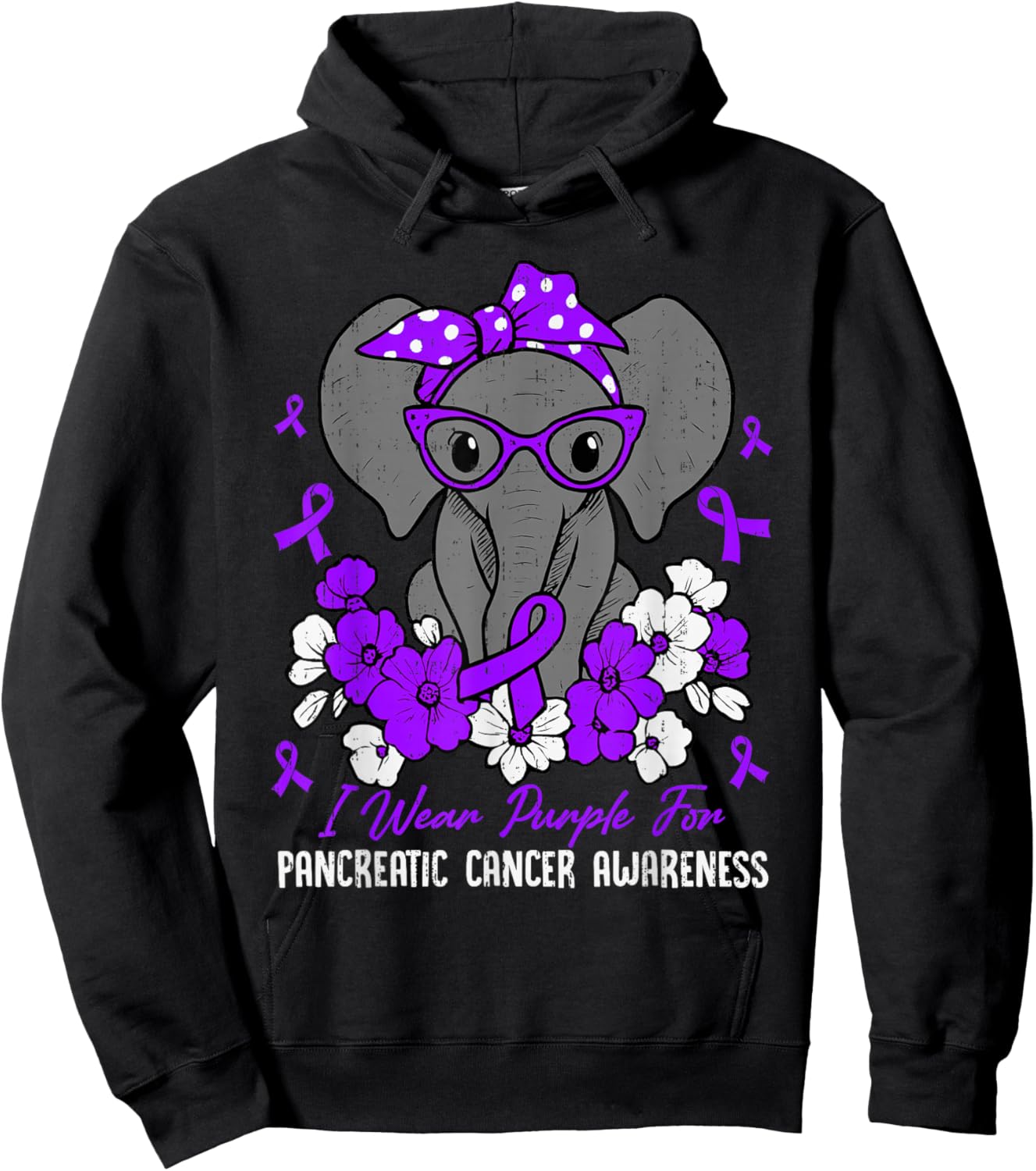 Pancreatic Cancer Awareness Elephant Ribbon Purple Support Hoodie - Hoodie | Black