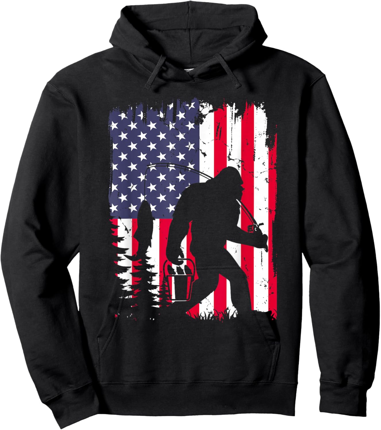 Funny Bigfoot Fishing American Flag USA Sasquatch Gift Hoodie - Hoodie | Black