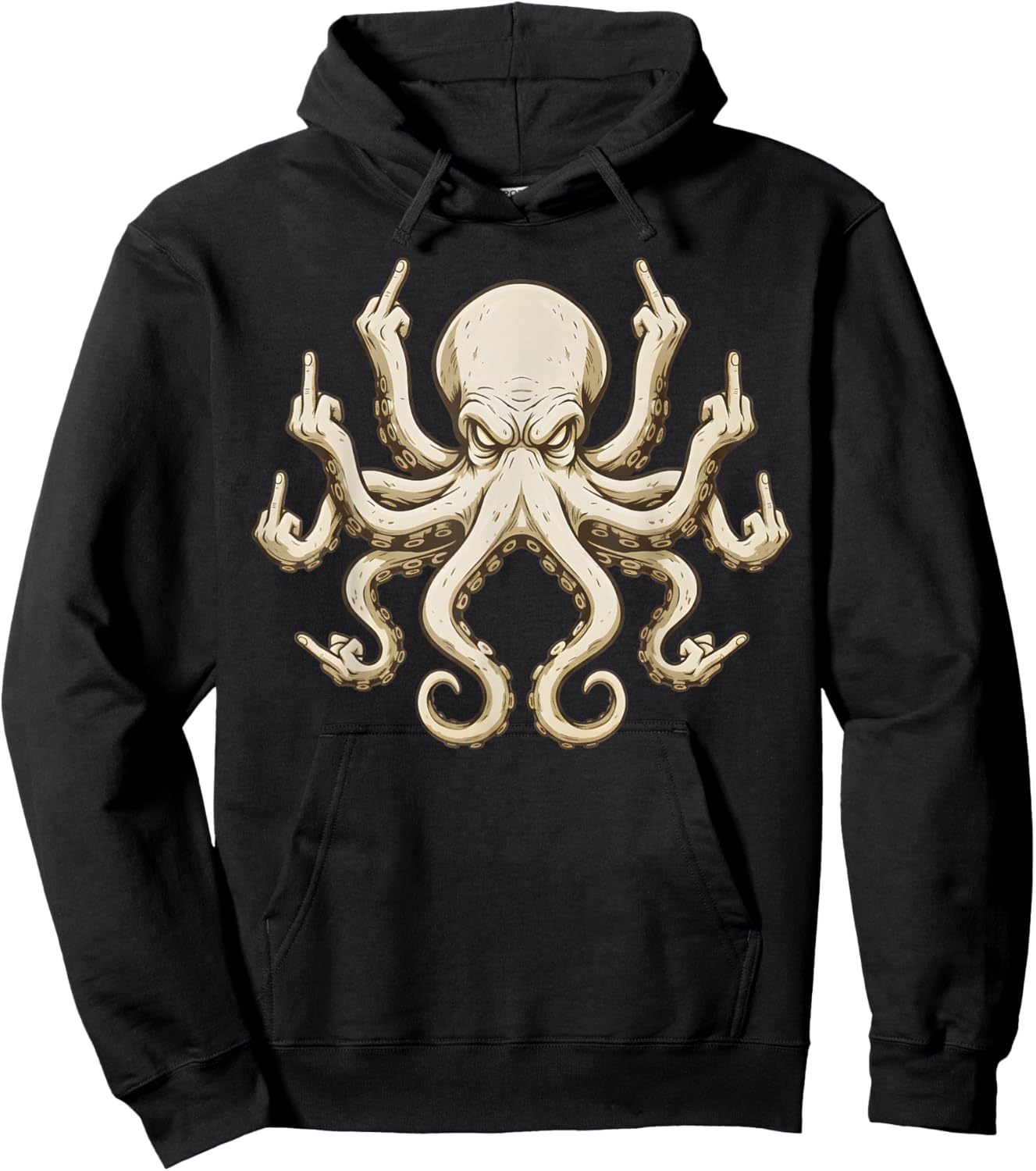 (on Back) Angry Octopus Middle Finger Novelty Fun Meme Humor Hoodie - Hoodie | Black