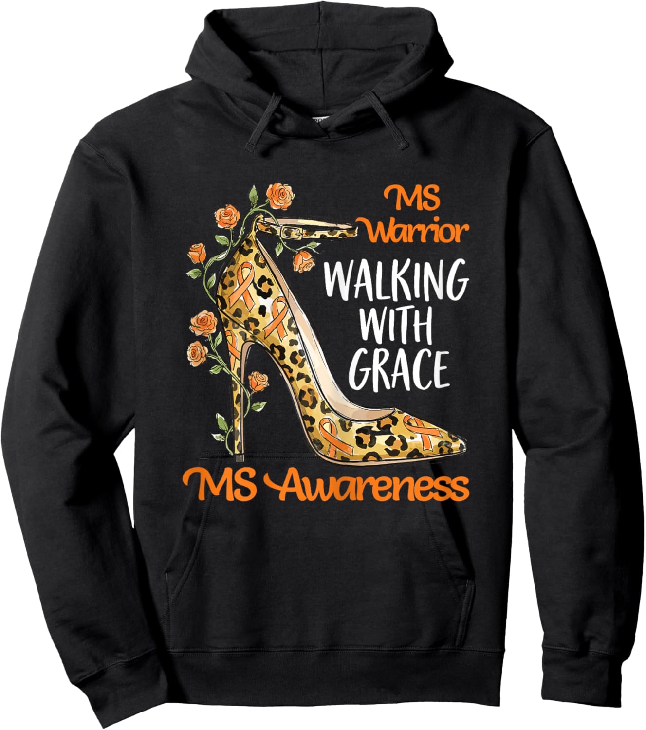 MS Warrior Walking with Grace Leopard Floral Orange Ribbon Hoodie - Hoodie | Black