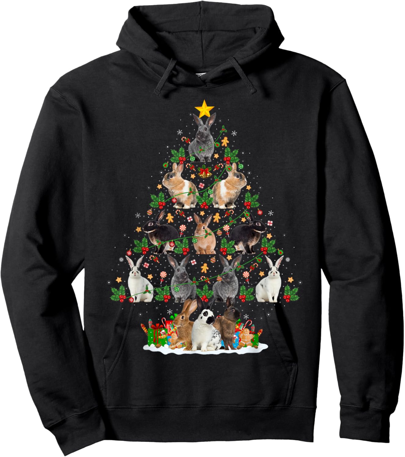 Bunny Rabbit Christmas Tree Lights Decor Pet Animals Xmas Hoodie - Hoodie | Black