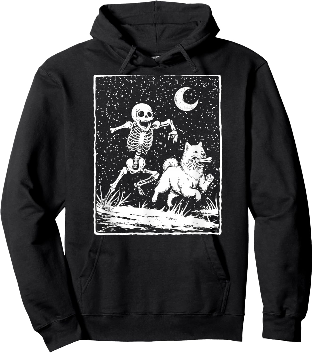 Skeleton Chasing Samoyed Dog – Spooky Halloween Hoodie - Hoodie | Black