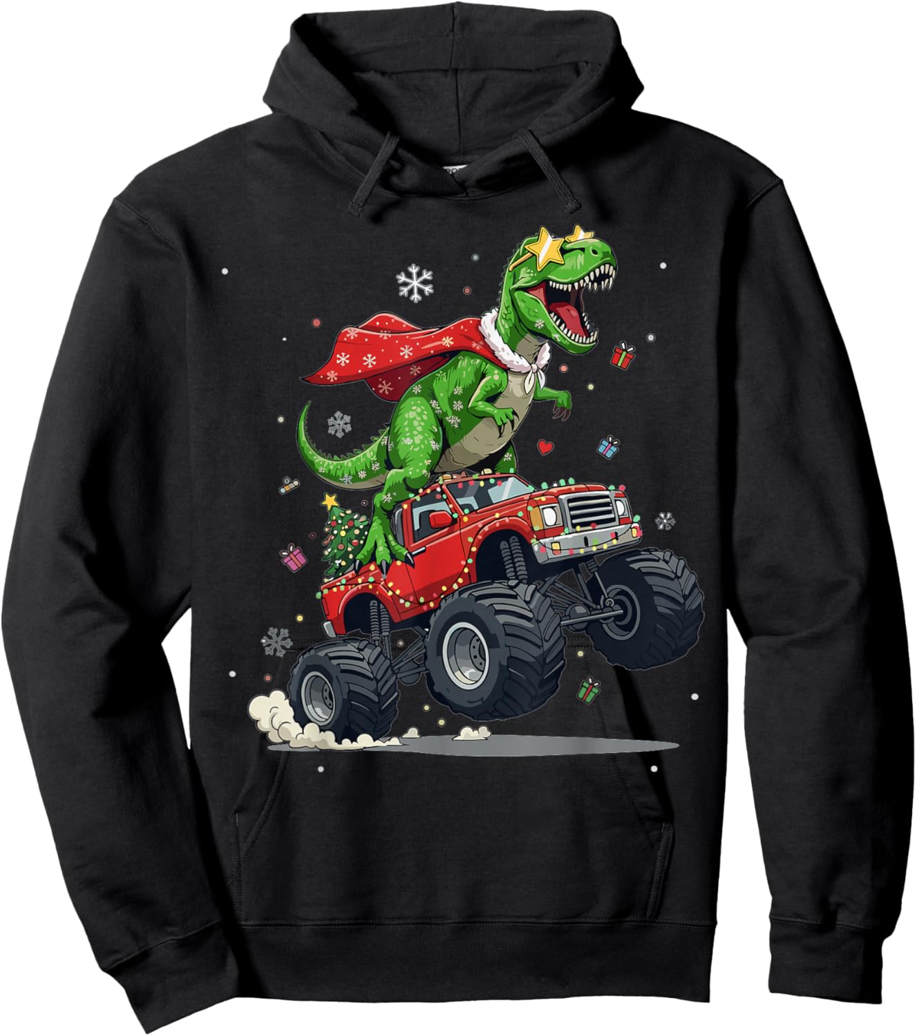Dinosaur Christmas T Rex Monster Truck Santa Holiday Hoodie - Hoodie | Black