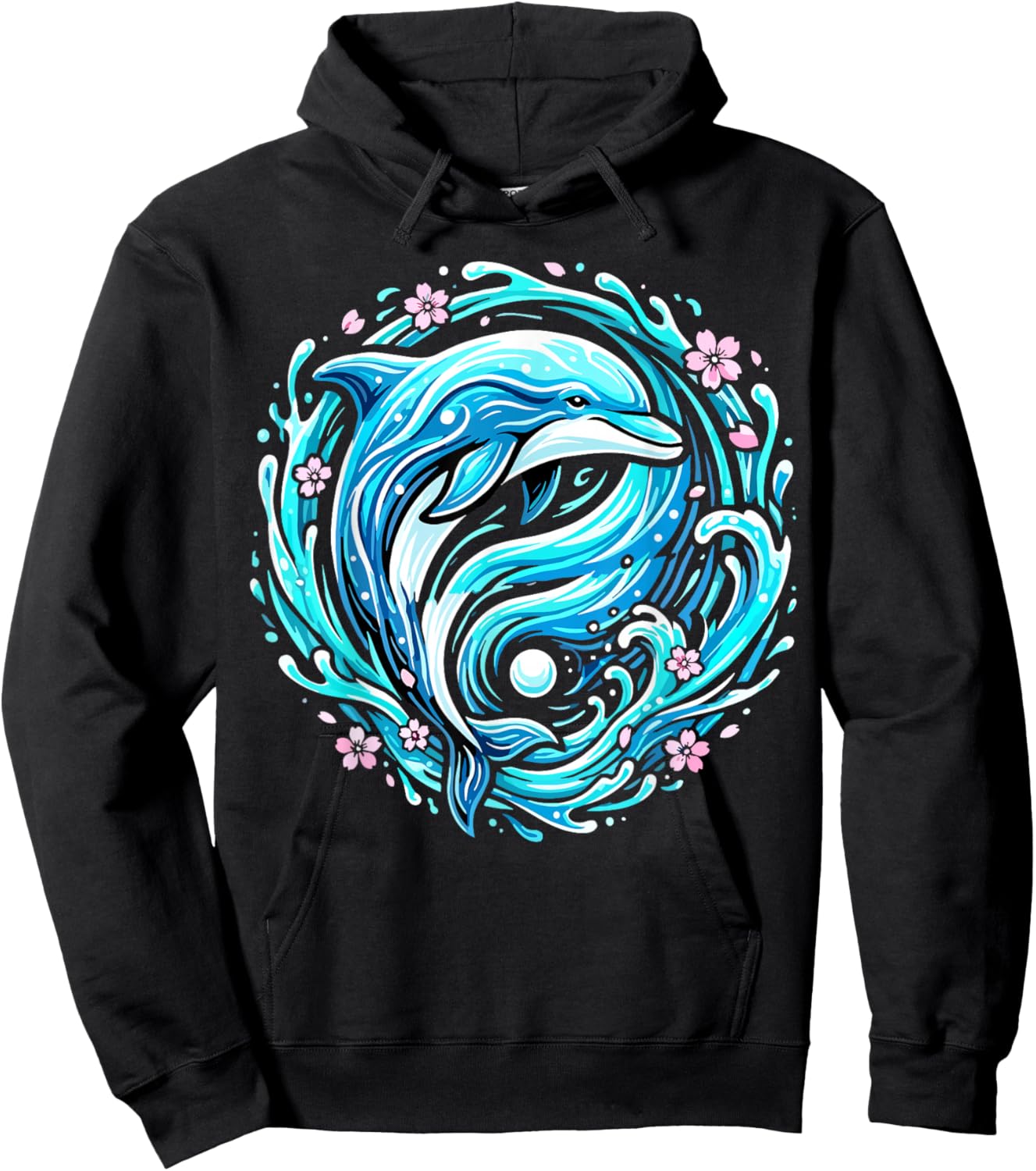 Cute Dolphin Ocean Wave Floral Hoodie - Hoodie | Black