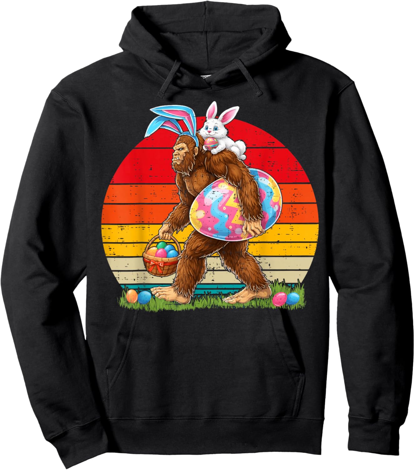 Retro Bigfoot Sasquatch Bunny Easter Eggs Men Kids Hoodie - Hoodie | Black