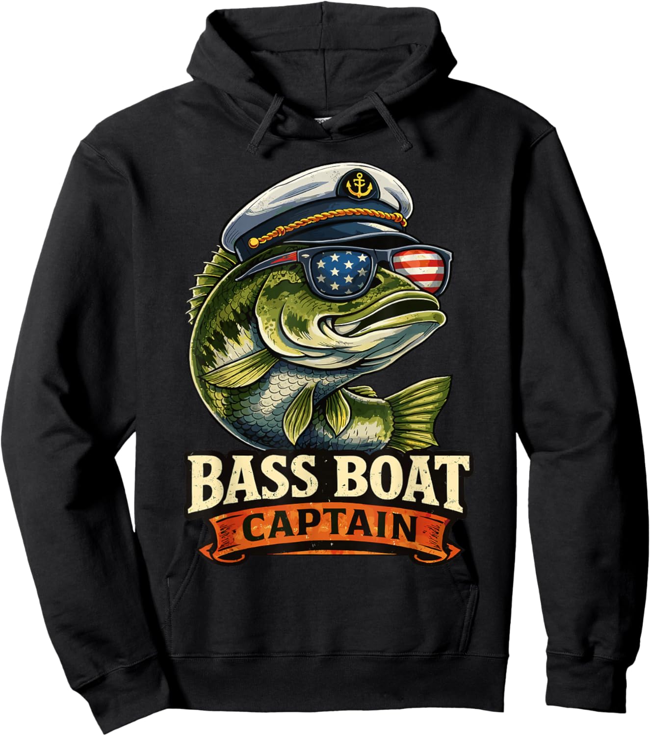 Funny Bass Boat Captain Patriotic American Flag Fishing Hoodie - Hoodie | Black