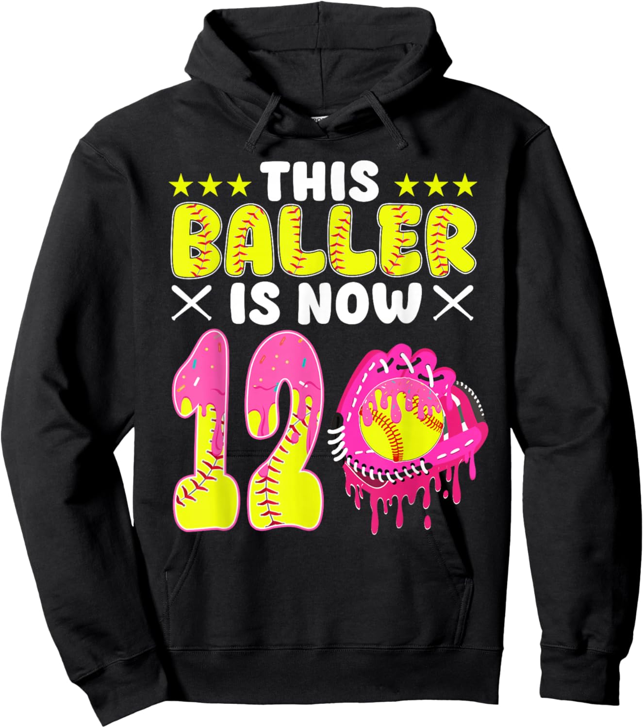 This Baller is Now 12 Year Old Bday Softball Ice Cream Drip Hoodie - Hoodie | Black