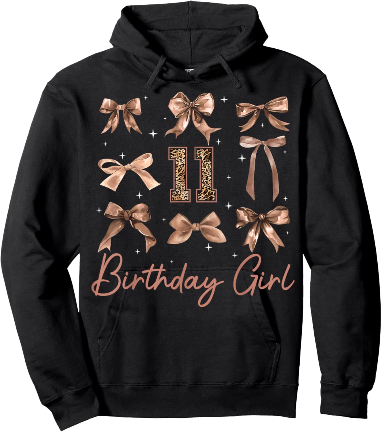 11th Birthday Girl Coquette Bow Leopard 11 Year Old Girls Hoodie - Hoodie | Black