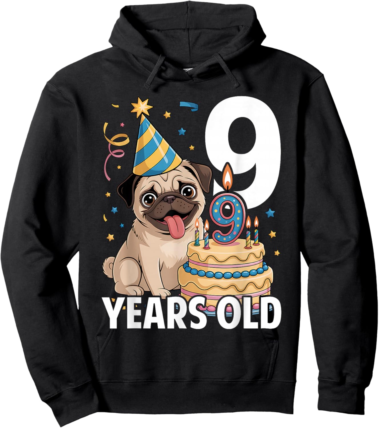 9 Years Old Birthday Pug Dog Lover Party Kids Boys Girls Hoodie - Hoodie | Black