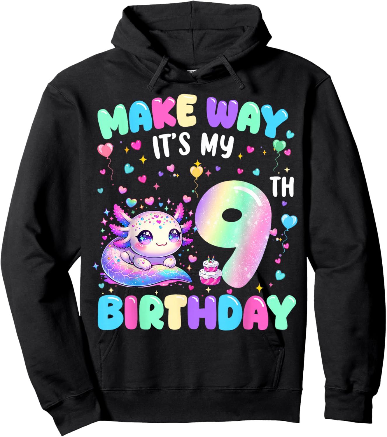 It's My 9th Birthday Girl Cute Axolotl 9 Year Old Bday Kids Hoodie - Hoodie | Black