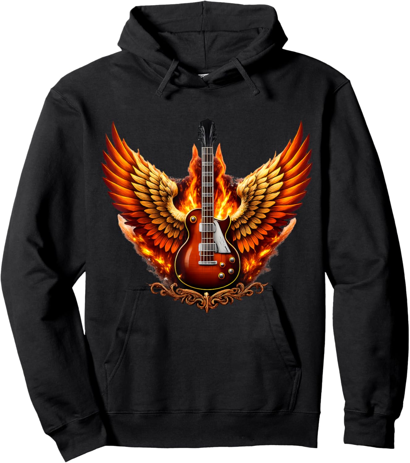 Flaming Angel and Guitar Fiery Rock Wings Hoodie - Hoodie | Black