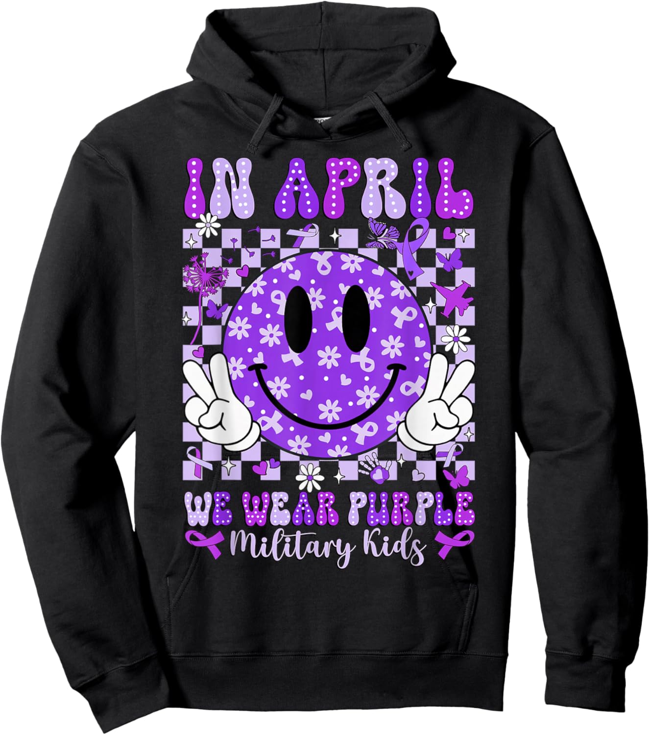 in April We Wear Purple for Military Smile Face Women Kids Hoodie - Hoodie | Black