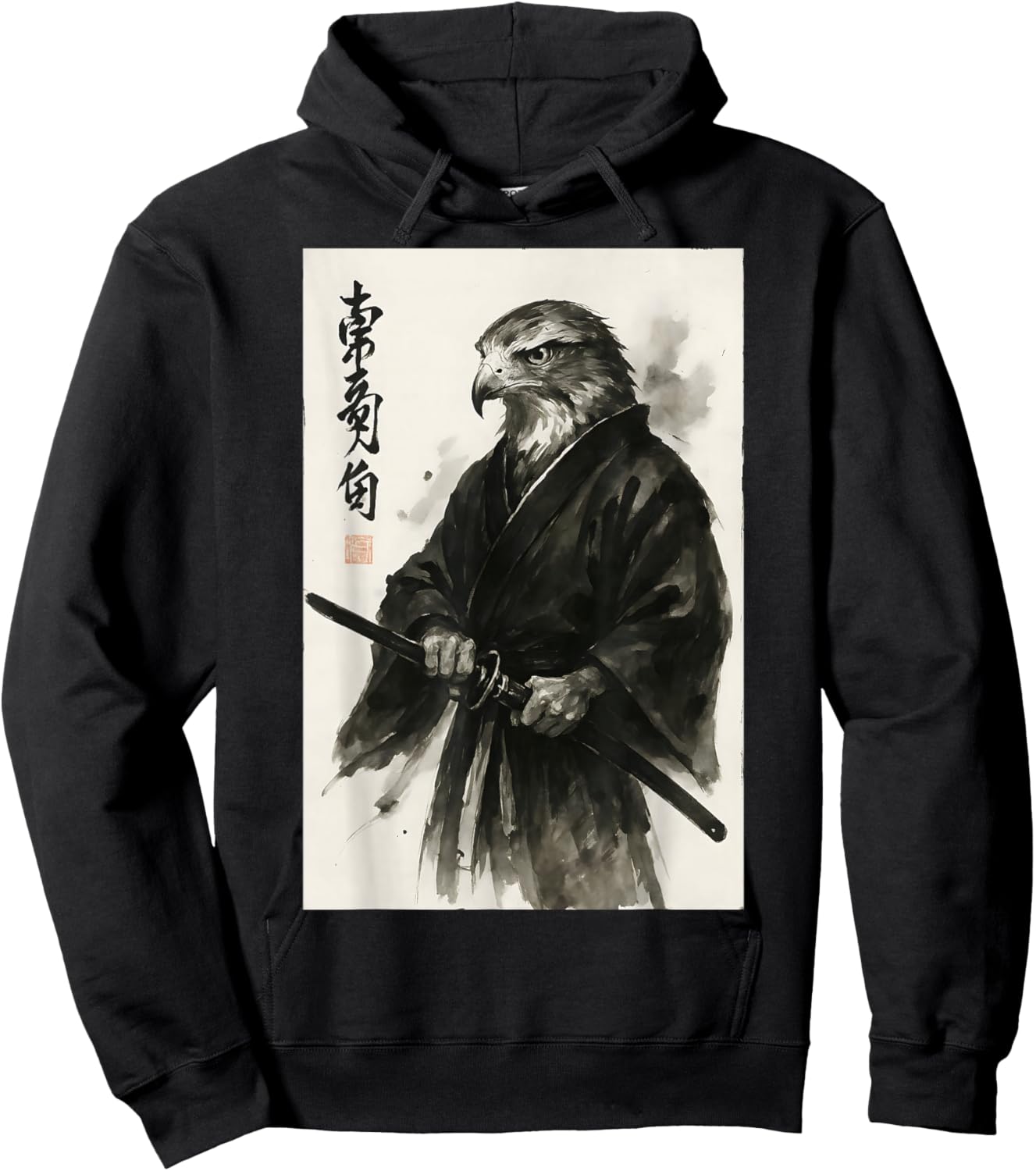 Traditional Japanese Ink Brush Art Warrior Sumi-e Hawk Hoodie - Hoodie | Black