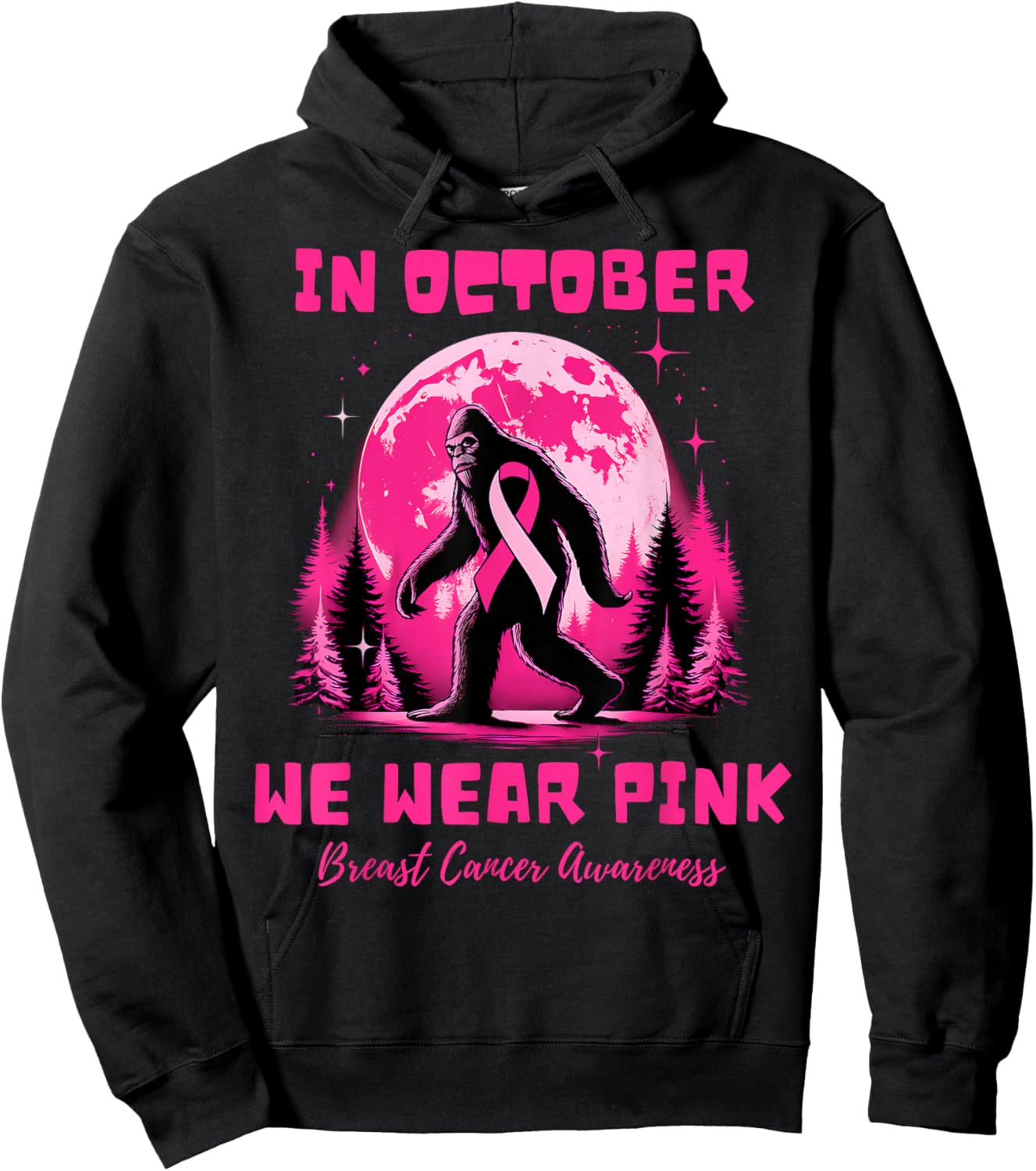 Bigfoot Pink Ribbon Breast Cancer Awareness Month Men Women Hoodie - Hoodie | Black