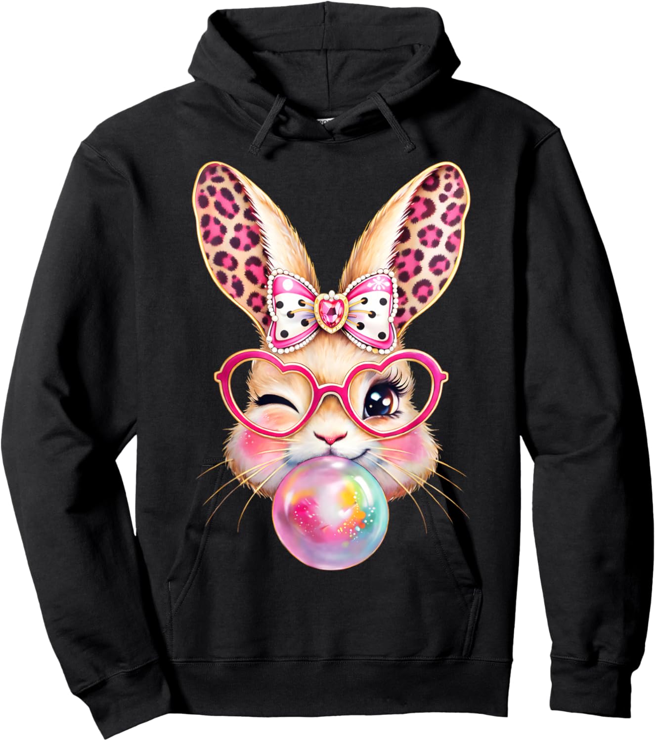 Easter Day Bunny Rabbit Face Leopard Bubble Gum Girl Women Hoodie - Hoodie | Black