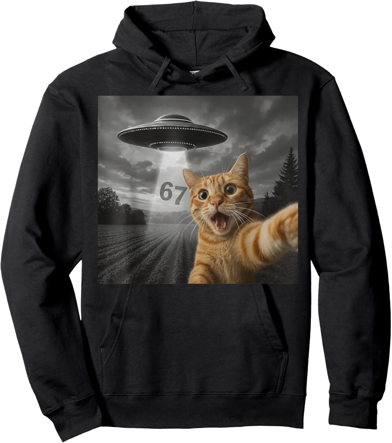 67 Cat Selfie with Alien UFO Funny Cat Six Seven Meme UFO Hoodie - Hoodie | Black