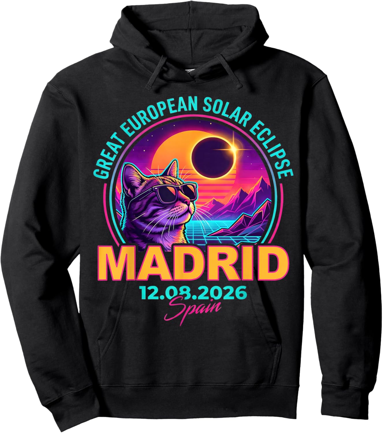 Great European Solar Eclipse 2026 Madrid Spain Cat Retro Hoodie - Hoodie | Black