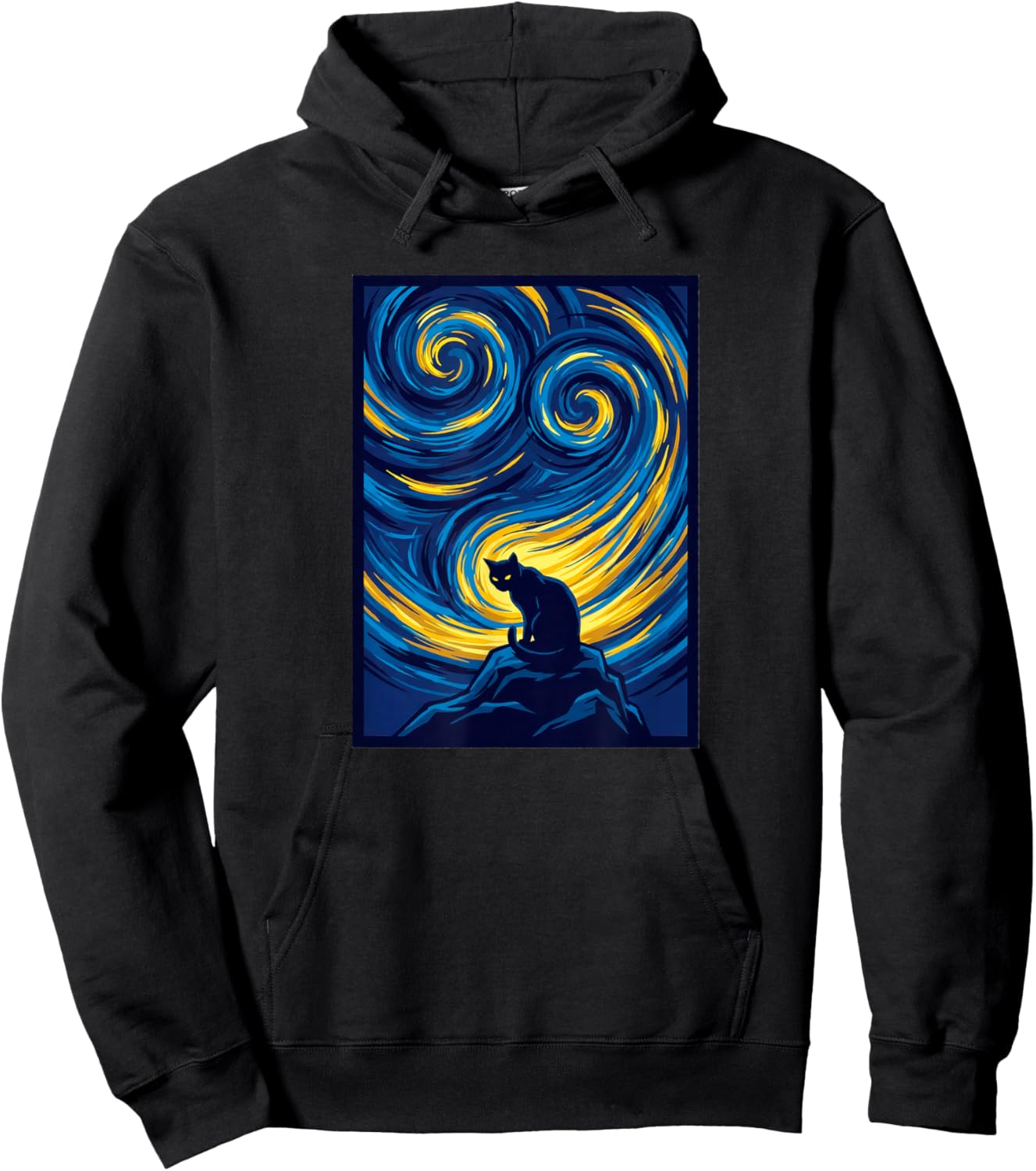 Starry Night Cat on Swirling Sky Art Hoodie - Hoodie | Black