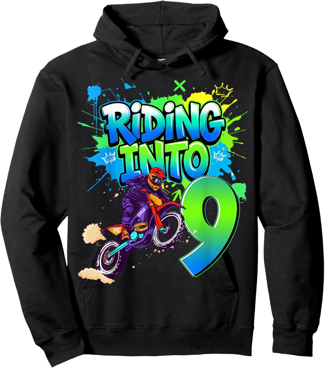 Riding Into 9 Years Old 9th Birthday Dirt Bike Boy Party Hoodie - Hoodie | Black