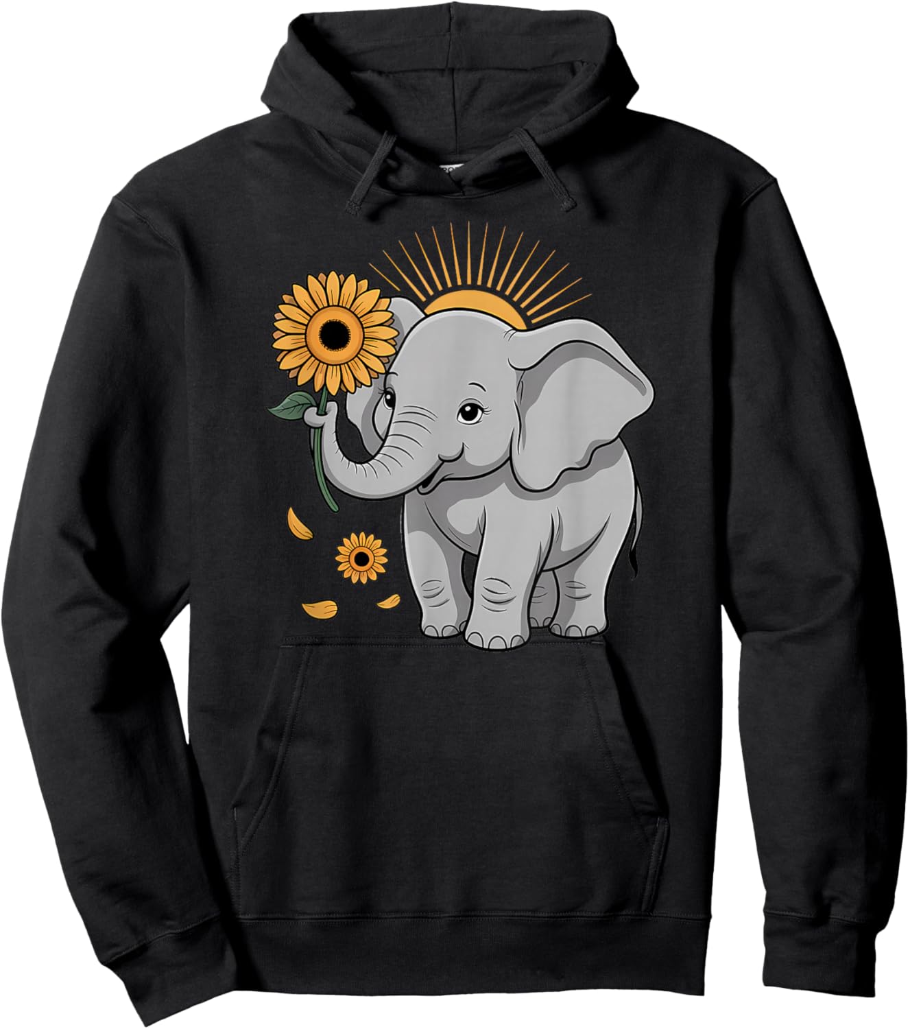 Elephant Holding Sunflower Cute Uplifting Nature Hoodie - Hoodie | Black