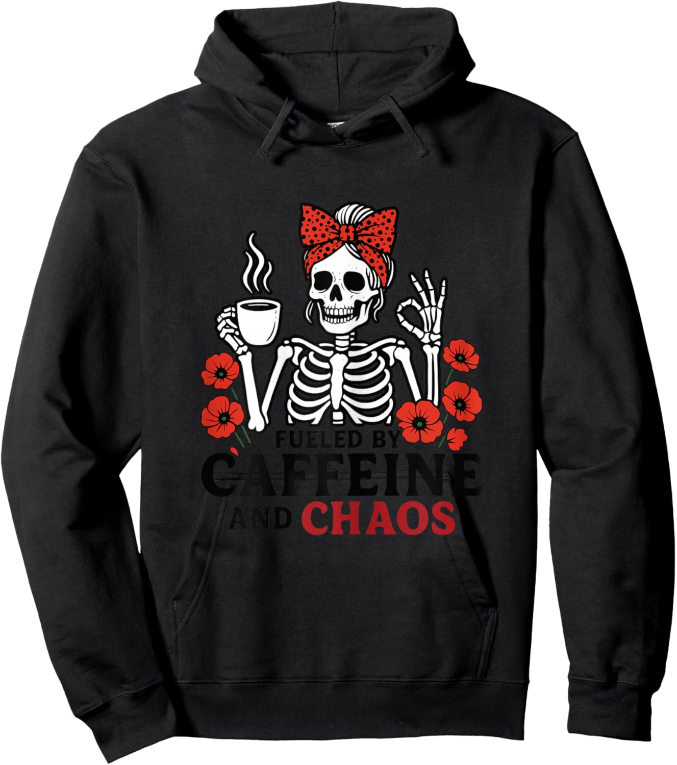 Fueled by Caffeine and Chaos Flowers Skeleton Mom Coffee Hoodie - Hoodie | Black